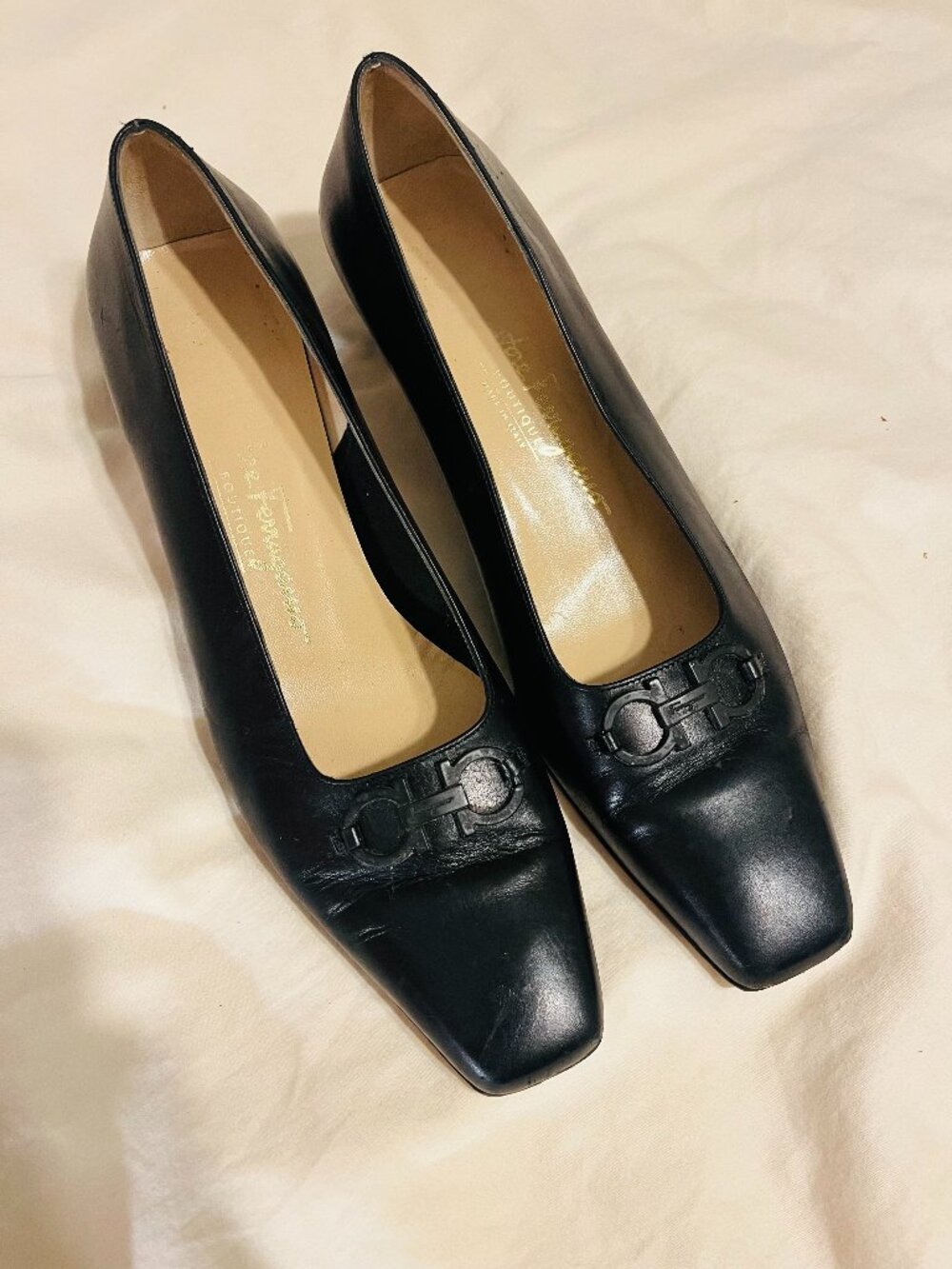Ladies Salvatore Ferragamo black leather pump with 2 inch heel